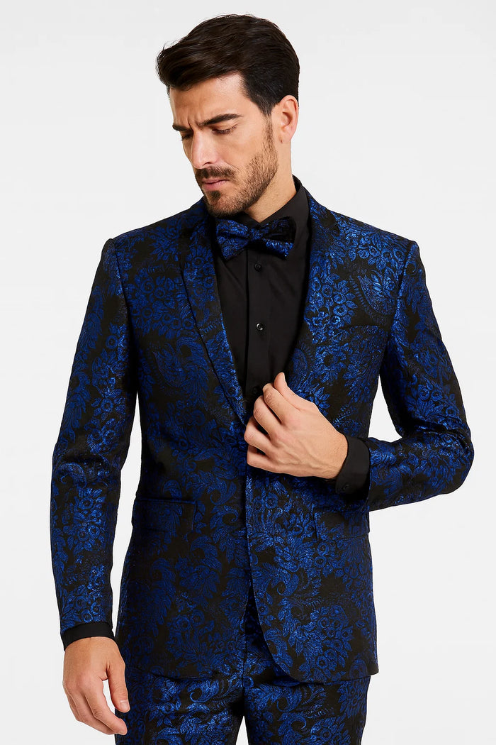 Royal Blue and Black Floral Tuxedo Suit