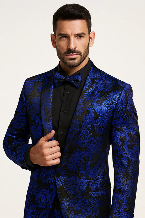 Royal Blue and Black Floral Tuxedo Suit