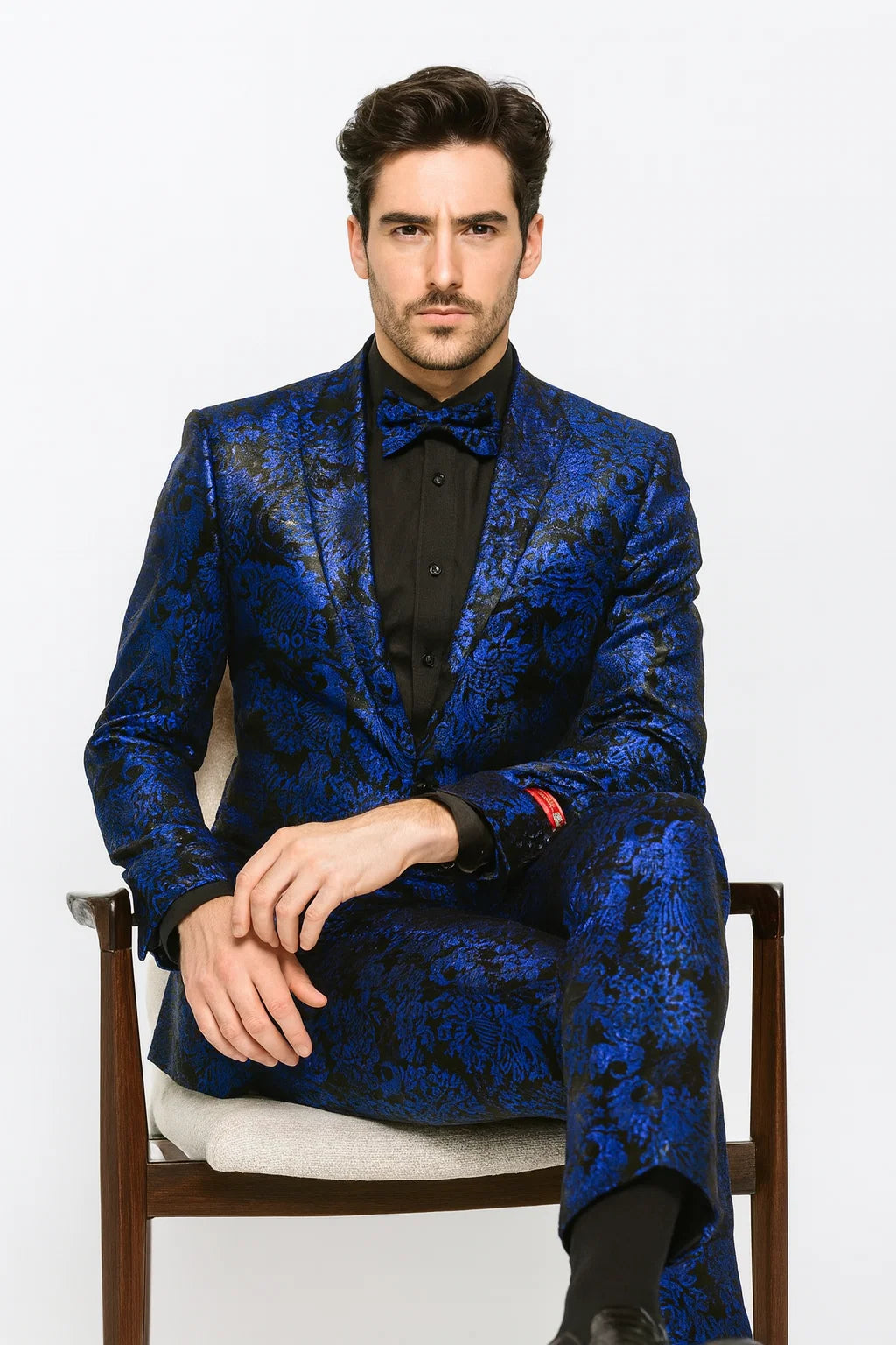 Royal Blue and Black Floral Tuxedo Suit