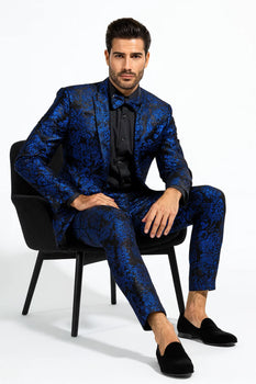 Royal Blue and Black Floral Tuxedo Suit