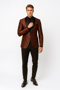 Mens Rust Copper Brick Color Paisley Tuxedo Jacket  Dinner and Wedding Blazer With Black Pants Matching Bowtie