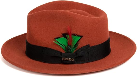 Gangster 100% Australian Wool Crushable Mens Fedora Hat - Removable Feather Gangster  Rust Mens Fedora Hat