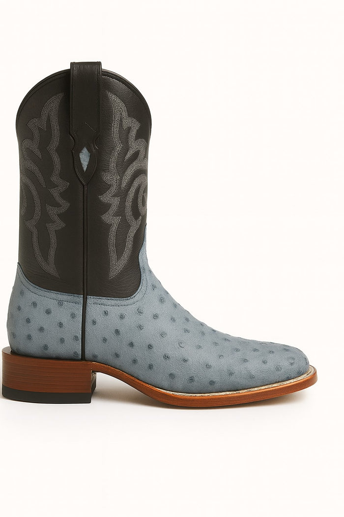 Men's Los Altos Ostrich Skin Wide Square Toe Boots - Rustic Blue - Image 7