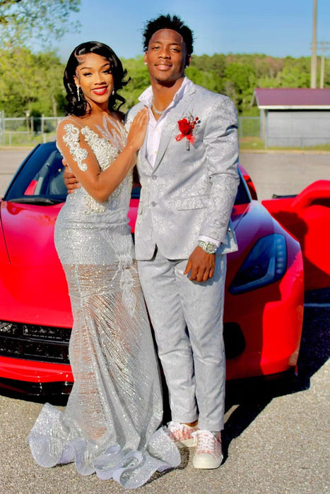Graduation Suit - Men's Slim Fit Shiny Paisley Prom & Wedding Suit in Silver Grey