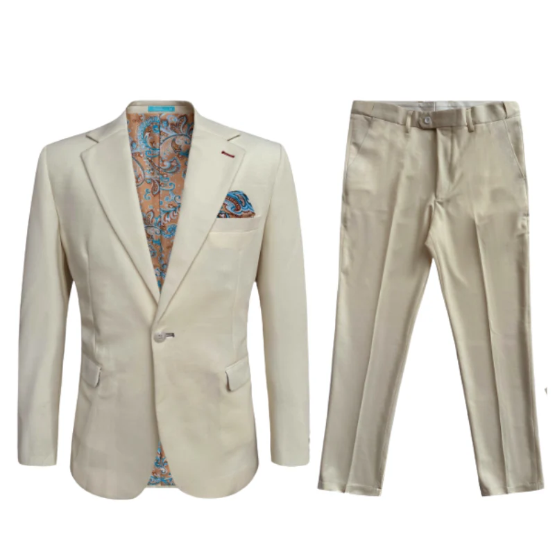Cotton Suit - Summer Stretch Fabric - Mens Stretch Fashion Suit Beige Modern Fit