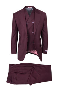 Tiglio Rosso Suit  - Classic Fit Athletic Cut 100% Wool Super 150s Italian Fabric Peak Lapel in Color Burgundy