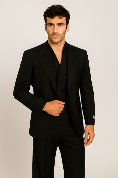 Tiglio Rosso Suit  - Classic Fit Athletic Cut 100% Wool Super 150s Italian Fabric Peak Lapel in Color Black