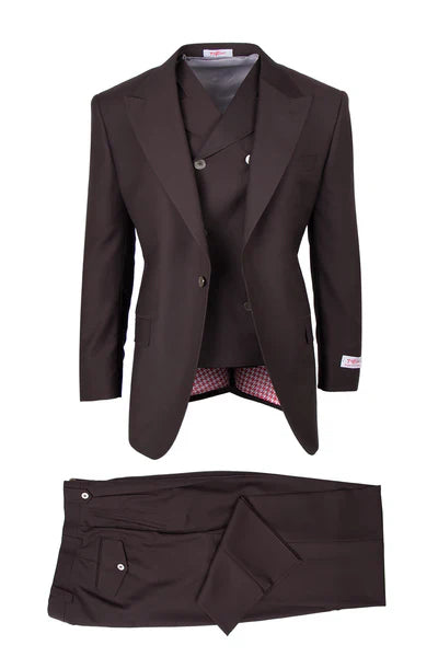 Tiglio Rosso Suit  - Classic Fit Athletic Cut 100% Wool Super 150s Italian Fabric Peak Lapel in Color Chocolate Brown