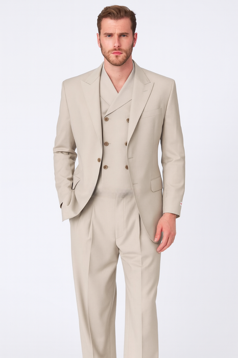 Tiglio Rosso Suit  - Classic Fit Athletic Cut 100% Wool Super 150s Italian Fabric Peak Lapel in Color Tan