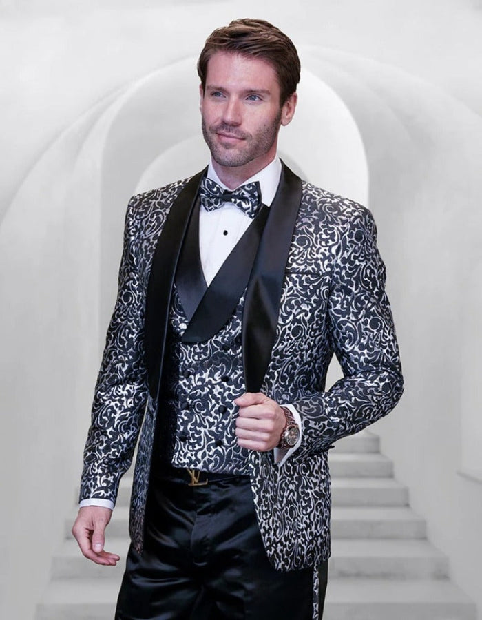 Statement Men's Black Patterned Vested Tuxedo with Bowtie