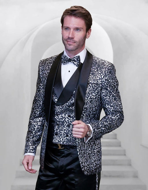 Statement Men's Black Patterned Vested Tuxedo with Bowtie