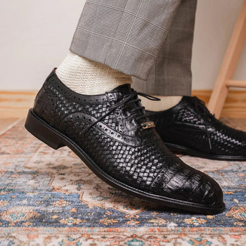 Marco Di Milano John Men's Shoes Exotic Caiman Crocodile / Woven Leather Dress Oxfords - Image 7