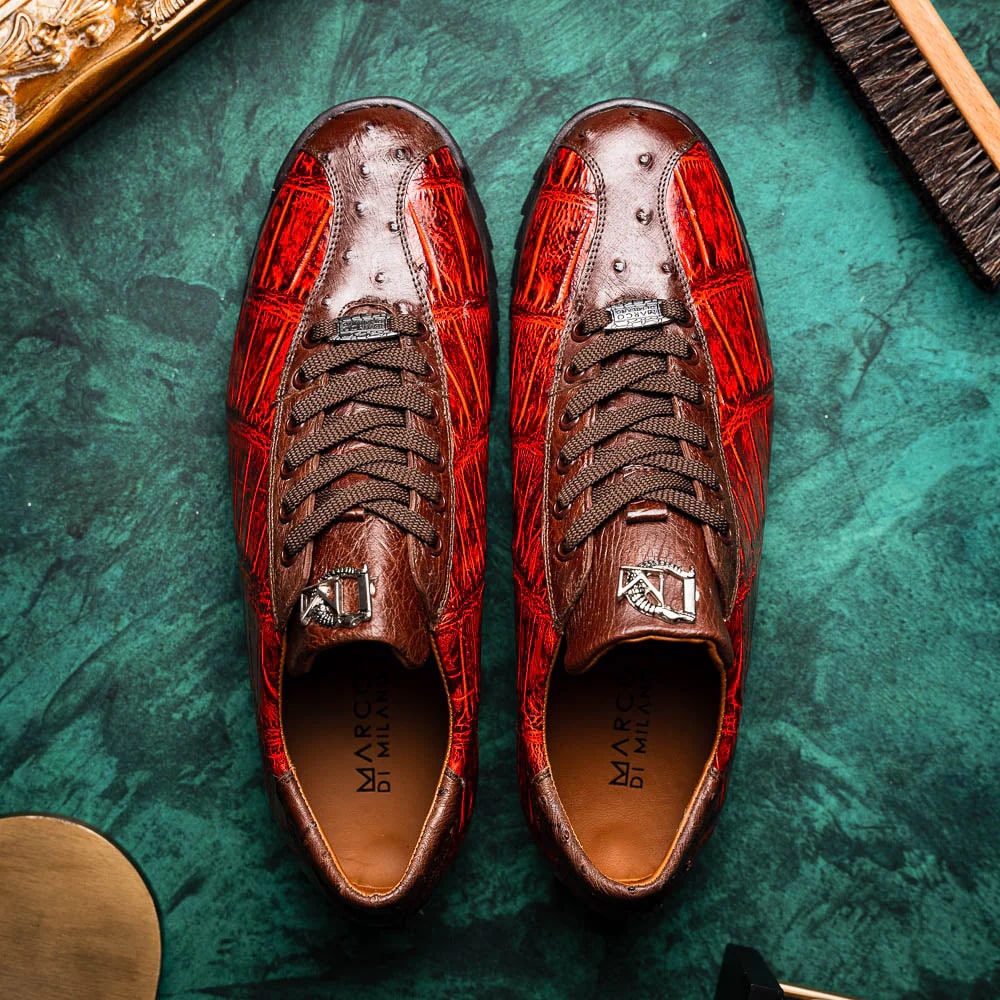 Marco Di Milano Saulo Men's Shoes Cognac Exotic Ostich / Alligator Casual Sneakers - Image 7