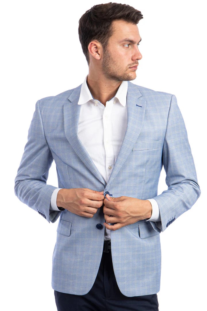 Saco vaquero - Western Sport Coat - Western Blazer-Men's Two Button Regular Fit Sport Coat In Sky Blue Glen Plaid