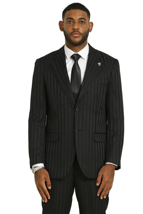 Stacy Adams Modern Fit Black Suit – Vested Tonal Shadow Pinstripe Style