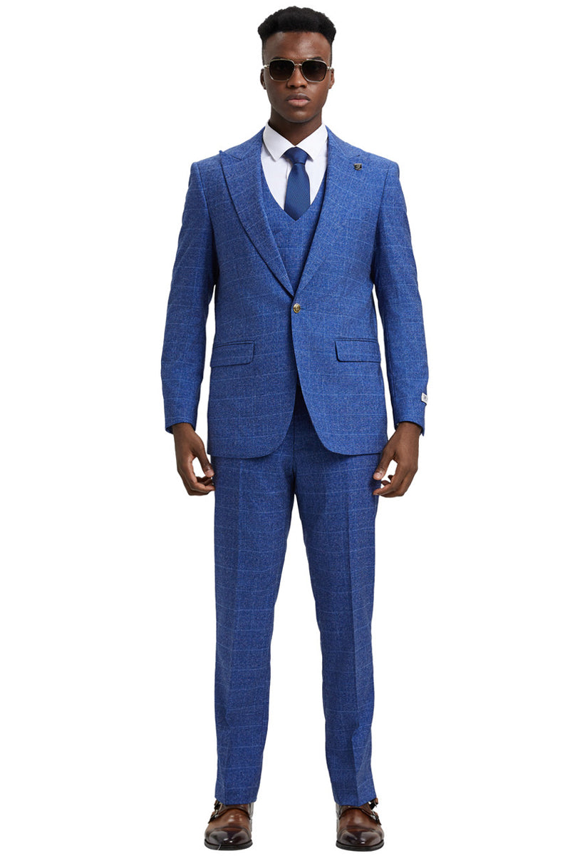 Men's Stacy Adam's One Button Vested Peak Lapel Business Suit in Navy Blue Plaid - Image 2