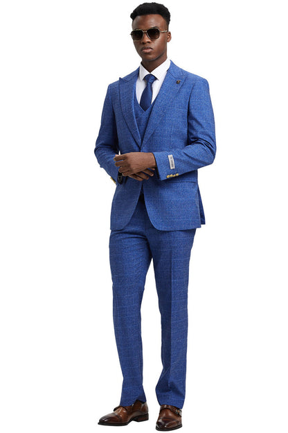 Men's Stacy Adam's One Button Vested Peak Lapel Business Suit in Navy Blue Plaid - Image 3