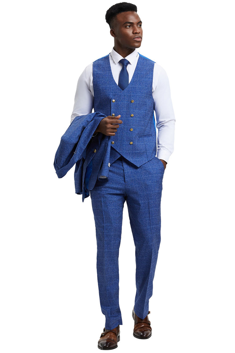 Men's Stacy Adam's One Button Vested Peak Lapel Business Suit in Navy Blue Plaid - Image 4