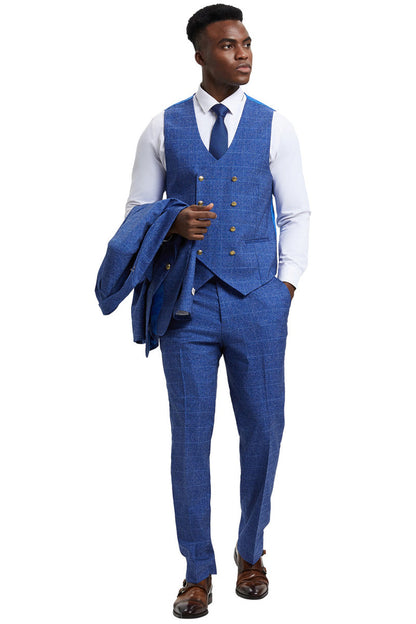 Men's Stacy Adam's One Button Vested Peak Lapel Business Suit in Navy Blue Plaid - Image 4