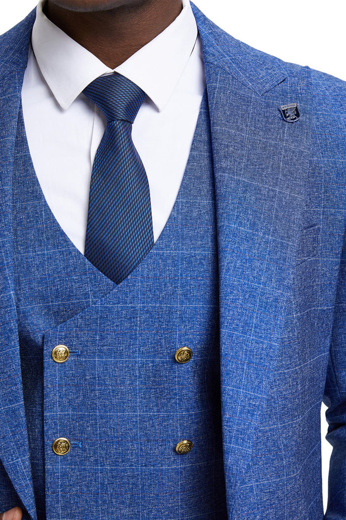 Men's Stacy Adam's One Button Vested Peak Lapel Business Suit in Navy Blue Plaid - Image 5