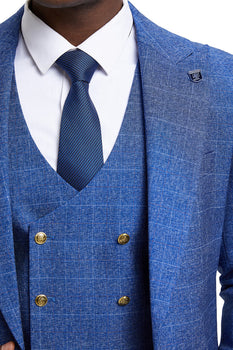 Men's Stacy Adam's One Button Vested Peak Lapel Business Suit in Navy Blue Plaid - Image 5