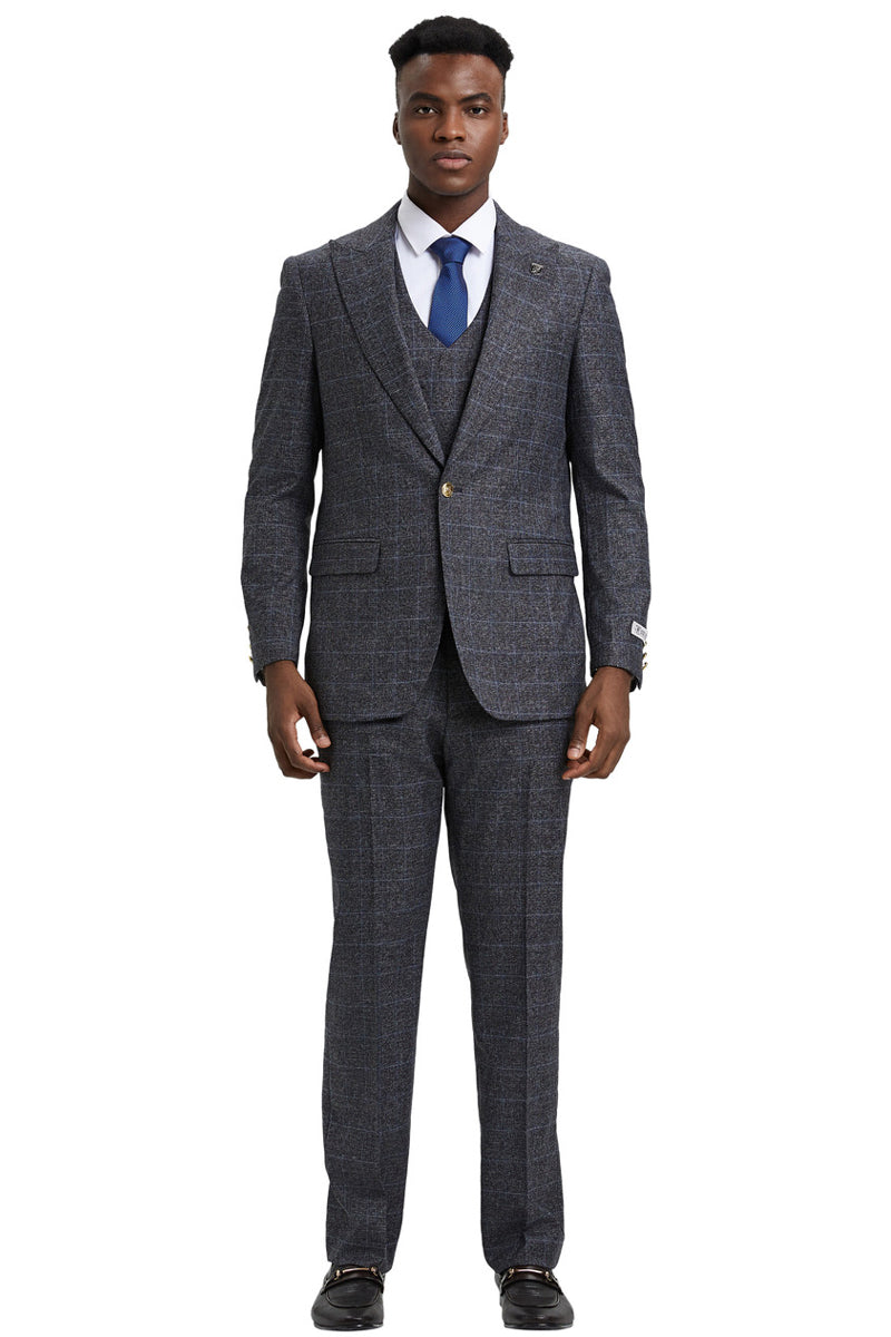 Men's Stacy Adam's One Button Vested Peak Lapel Business Suit in Charcoal Grey Plaid - Image 2