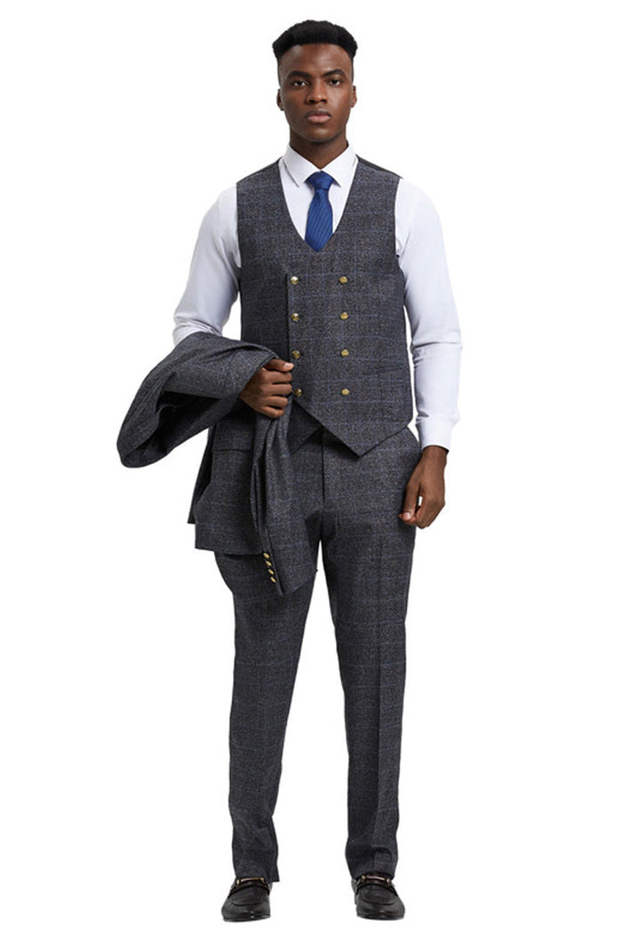 Men's Stacy Adam's One Button Vested Peak Lapel Business Suit in Charcoal Grey Plaid - Image 3