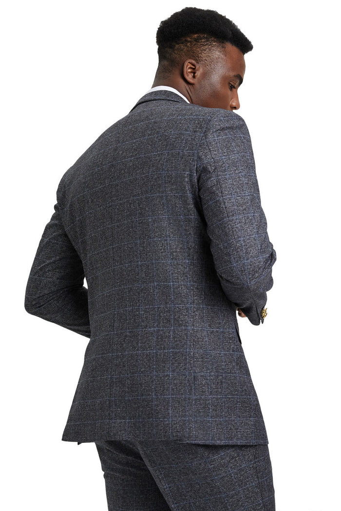 Men's Stacy Adam's One Button Vested Peak Lapel Business Suit in Charcoal Grey Plaid - Image 4