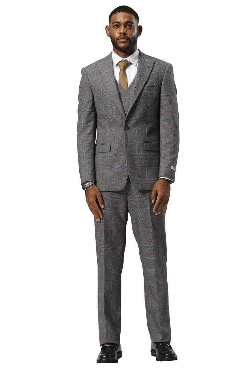 Men's Stacy Adams One Button Peak Lapel Suit With Double Breasted Vest in Grey Glen Plaid - Image 2