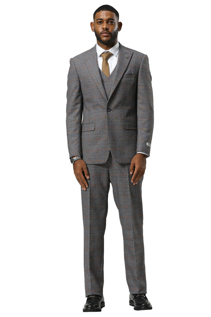 Men's Stacy Adams One Button Peak Lapel Suit With Double Breasted Vest in Grey Glen Plaid - Image 2