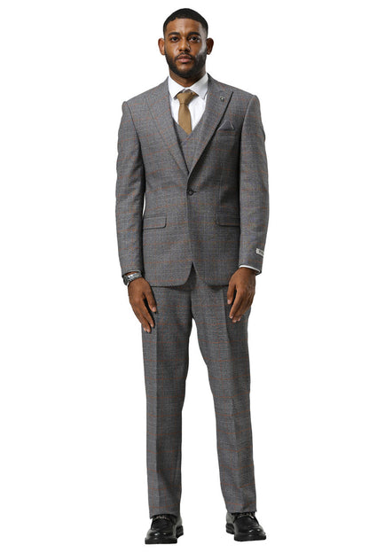 Men's Stacy Adams One Button Peak Lapel Suit With Double Breasted Vest in Grey Glen Plaid