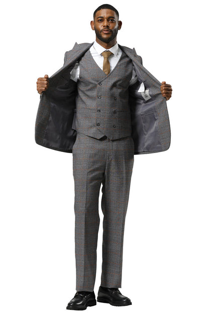 Men's Stacy Adams One Button Peak Lapel Suit With Double Breasted Vest in Grey Glen Plaid - Image 3