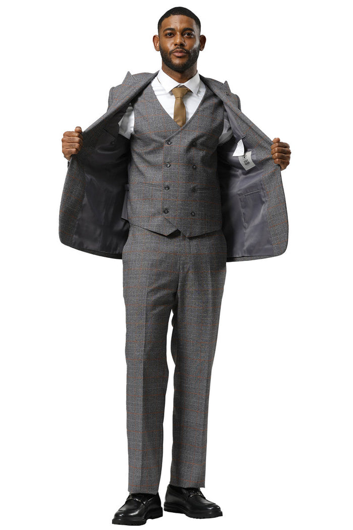 Men's Stacy Adams One Button Peak Lapel Suit With Double Breasted Vest in Grey Glen Plaid - Image 3