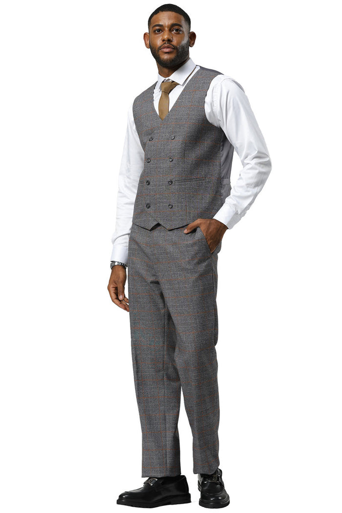 Men's Stacy Adams One Button Peak Lapel Suit With Double Breasted Vest in Grey Glen Plaid - Image 4