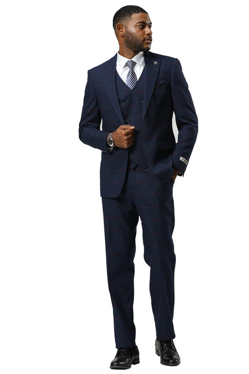 Men's Stacy Adams One Button Peak Lapel Suit With Double Breasted Vest in Navy Glen Plaid - Image 2