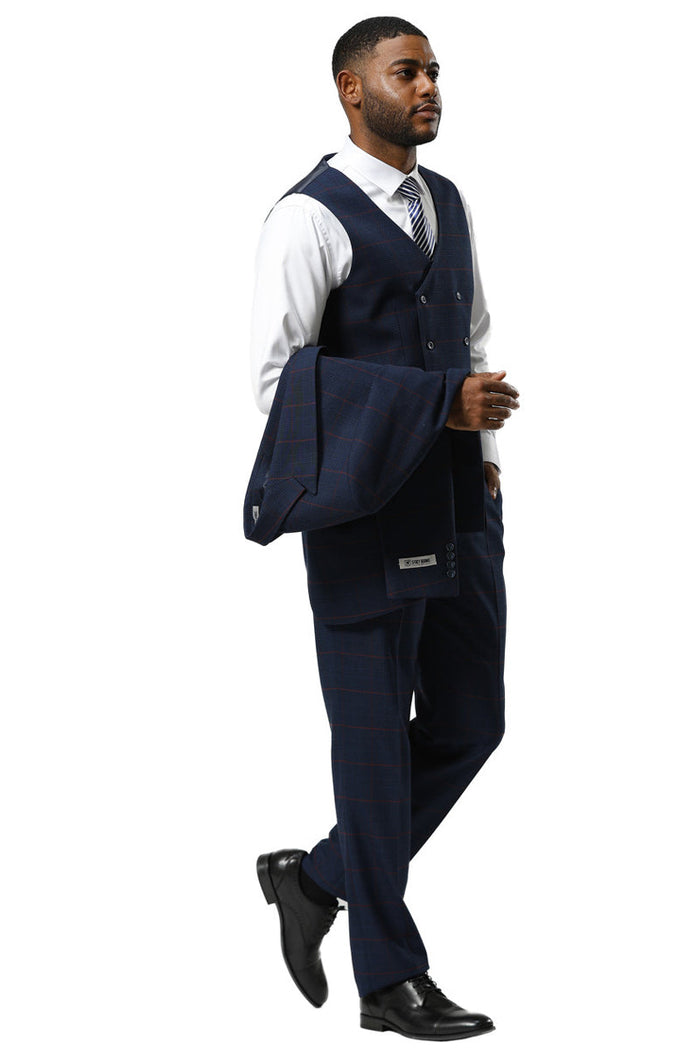 Men's Stacy Adams One Button Peak Lapel Suit With Double Breasted Vest in Navy Glen Plaid - Image 3