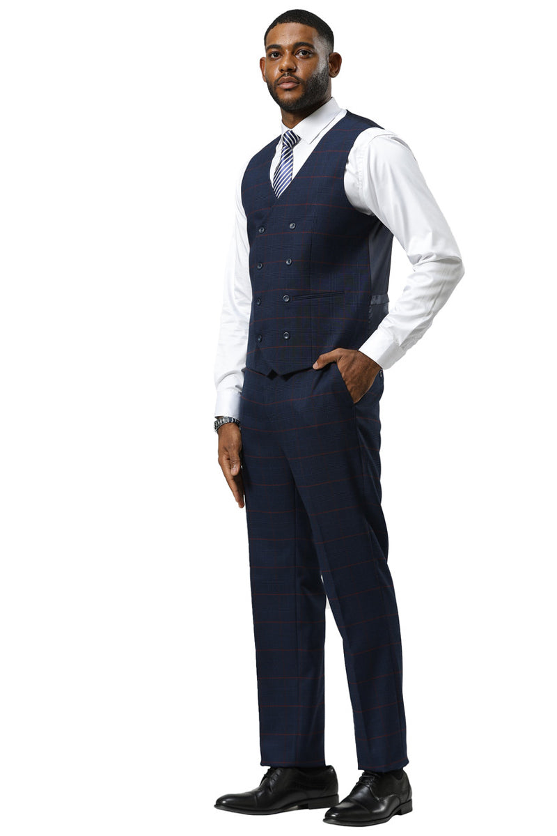 Men's Stacy Adams One Button Peak Lapel Suit With Double Breasted Vest in Navy Glen Plaid - Image 4