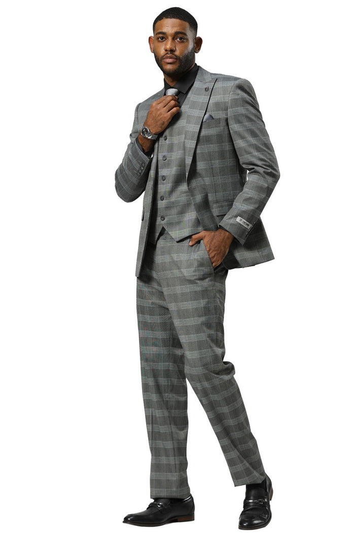 Men's Stacy Adams One Button Vested Peak Lapel Suit in Grey Glen Plaid - Image 2