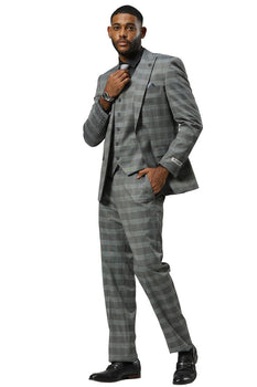 Men's Stacy Adams One Button Vested Peak Lapel Suit in Grey Glen Plaid - Image 2