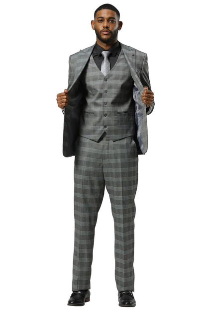 Men's Stacy Adams One Button Vested Peak Lapel Suit in Grey Glen Plaid - Image 3