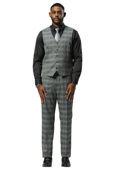 Men's Stacy Adams One Button Vested Peak Lapel Suit in Grey Glen Plaid