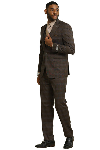 Men's Stacy Adams One Button Vested Peak Lapel Suit in Brown Glen Plaid - Image 2