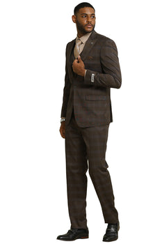 Men's Stacy Adams One Button Vested Peak Lapel Suit in Brown Glen Plaid - Image 2
