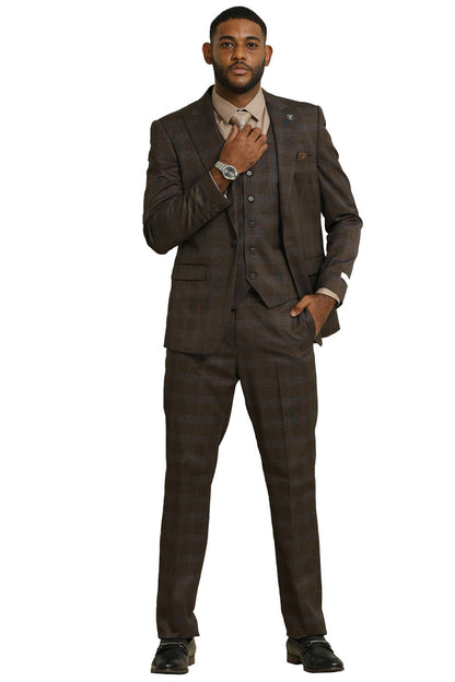 Men's Stacy Adams One Button Vested Peak Lapel Suit in Brown Glen Plaid - Image 3