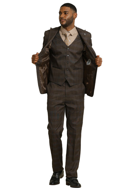 Men's Stacy Adams One Button Vested Peak Lapel Suit in Brown Glen Plaid - Image 4