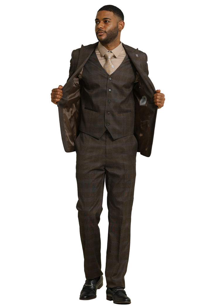 Men's Stacy Adams One Button Vested Peak Lapel Suit in Brown Glen Plaid - Image 4