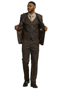 Men's Stacy Adams One Button Vested Peak Lapel Suit in Brown Glen Plaid - Image 4