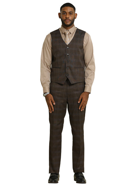 Men's Stacy Adams One Button Vested Peak Lapel Suit in Brown Glen Plaid - Image 5