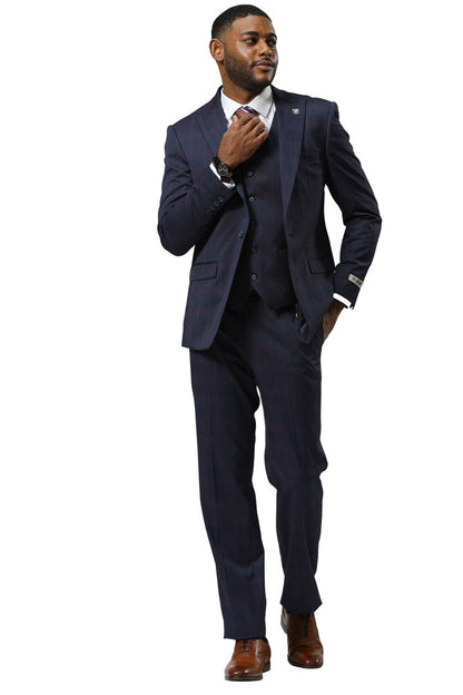 Men's Stacy Adams One Button Vested Peak Lapel Suit in Navy Glen Plaid - Image 2