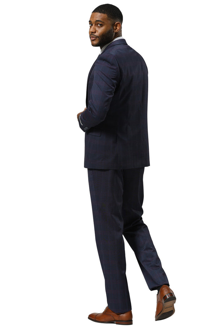 Men's Stacy Adams One Button Vested Peak Lapel Suit in Navy Glen Plaid - Image 4